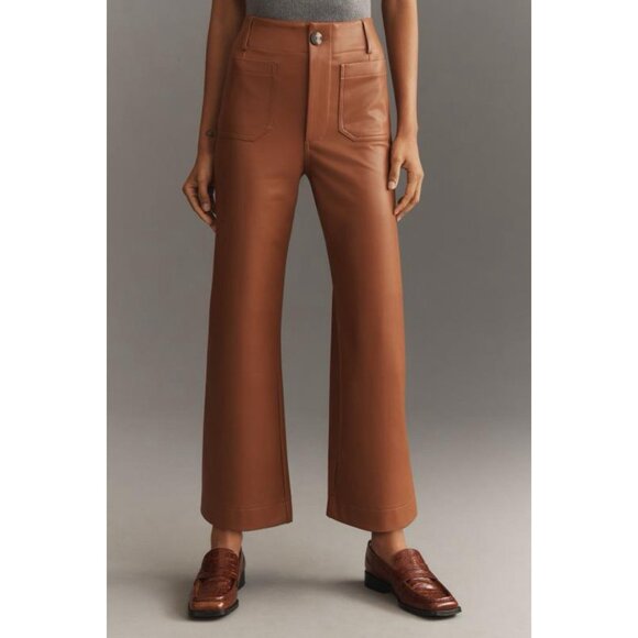 Anthropologie Maeve Colette Cropped Wide Leg Pants Faux Leather Copper Camel 24